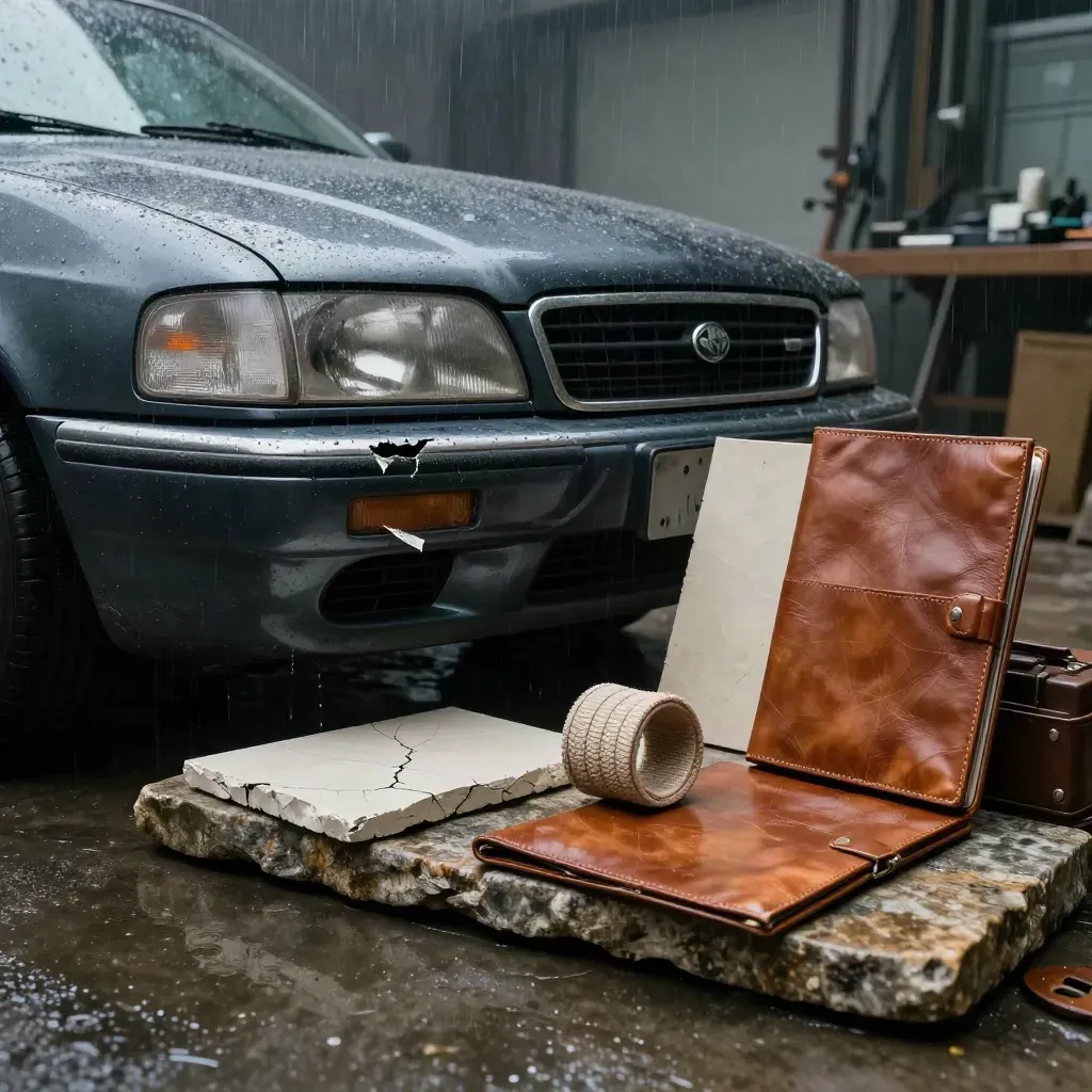 Paraurti auto ammaccato, frammento di faro, gesso lesionato e pratica legale su pietra bagnata.