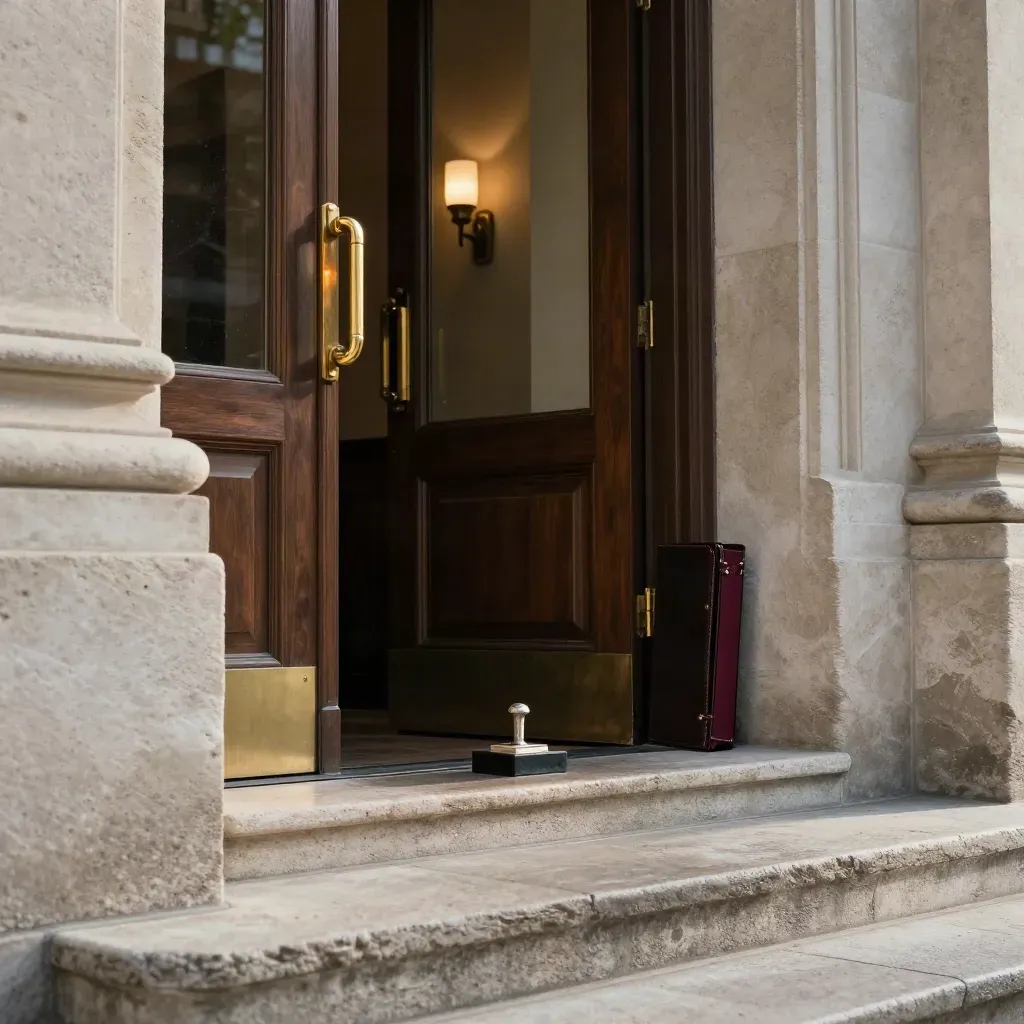 Soglia di un tribunale in pietra con fascicoli chiusi, base timbro e maniglia d'ottone, luce calda.
