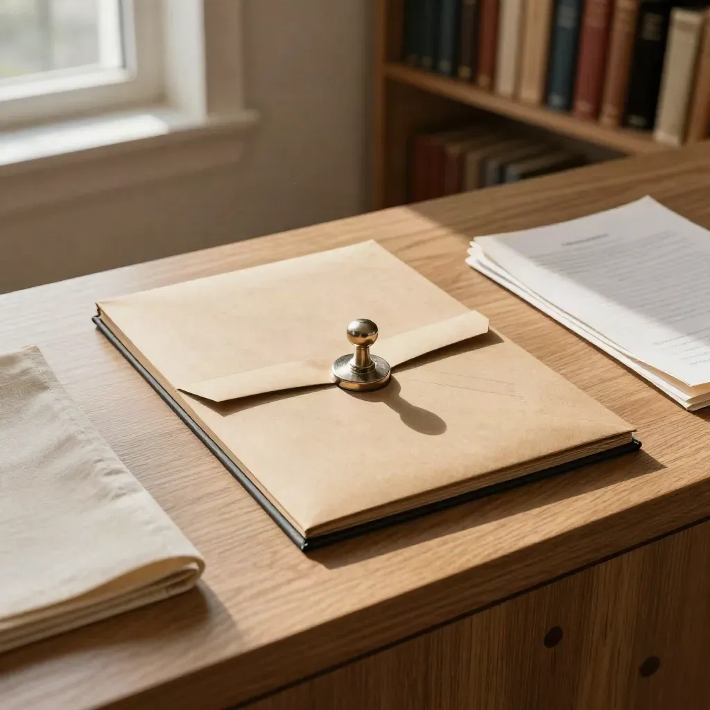 Fascicolo chiuso, busta bancaria neutra e sigillo metallico su console in legno chiaro.