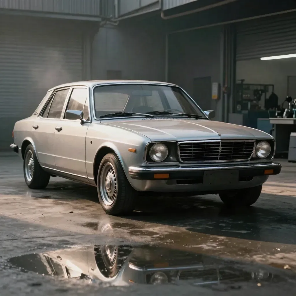Berlina argentata riparata all’uscita dell’officina, pronta a ripartire nel mattino.