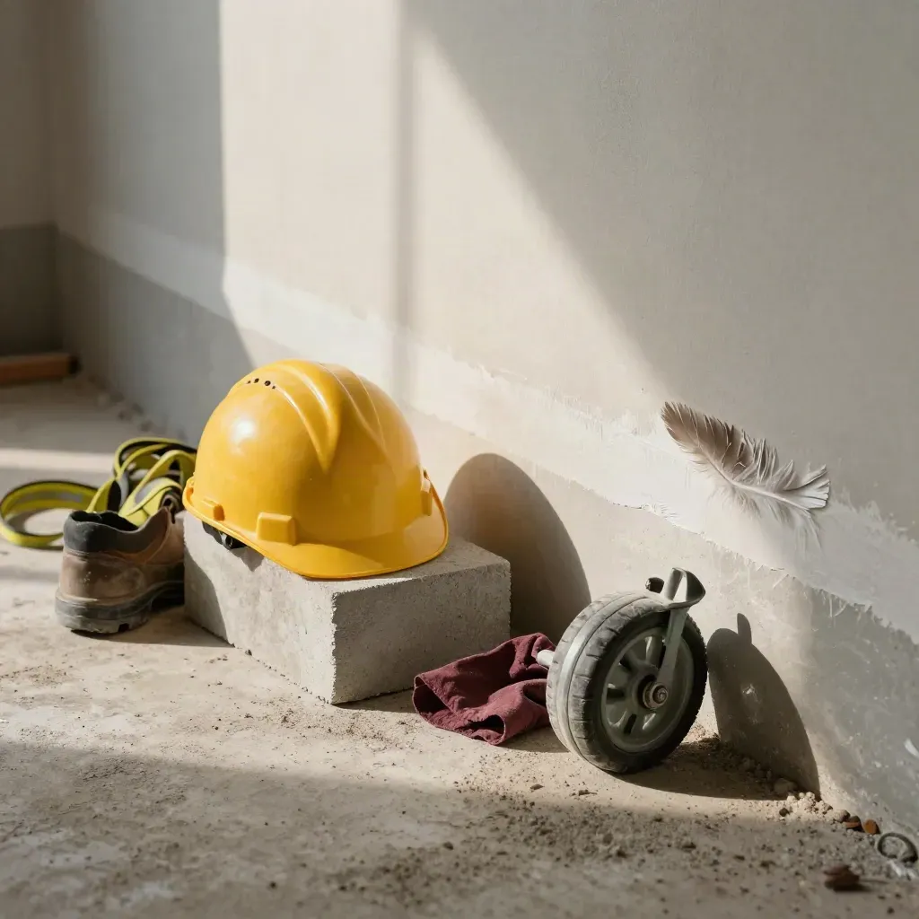 Casco, stivale e ruota ponteggio in un angolo di cantiere riparato, con intonaco fresco e sole caldo.