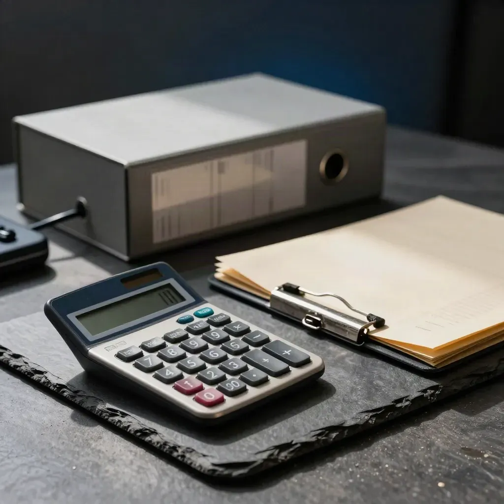 Calcolatrice, scatola archivio e telefono da studio su ardesia, in luce drammatica