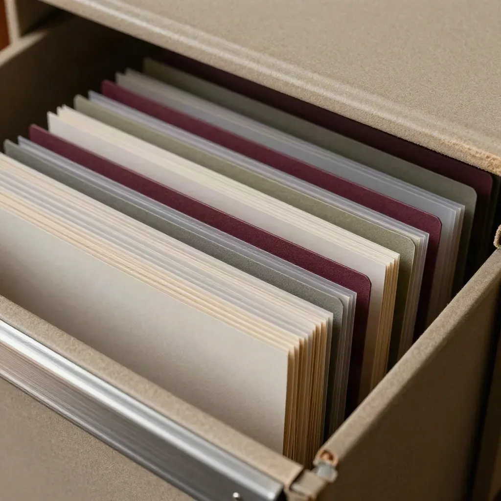 Scatola archivio ordinata con schede neutre e linguette colorate in vista dall’alto.