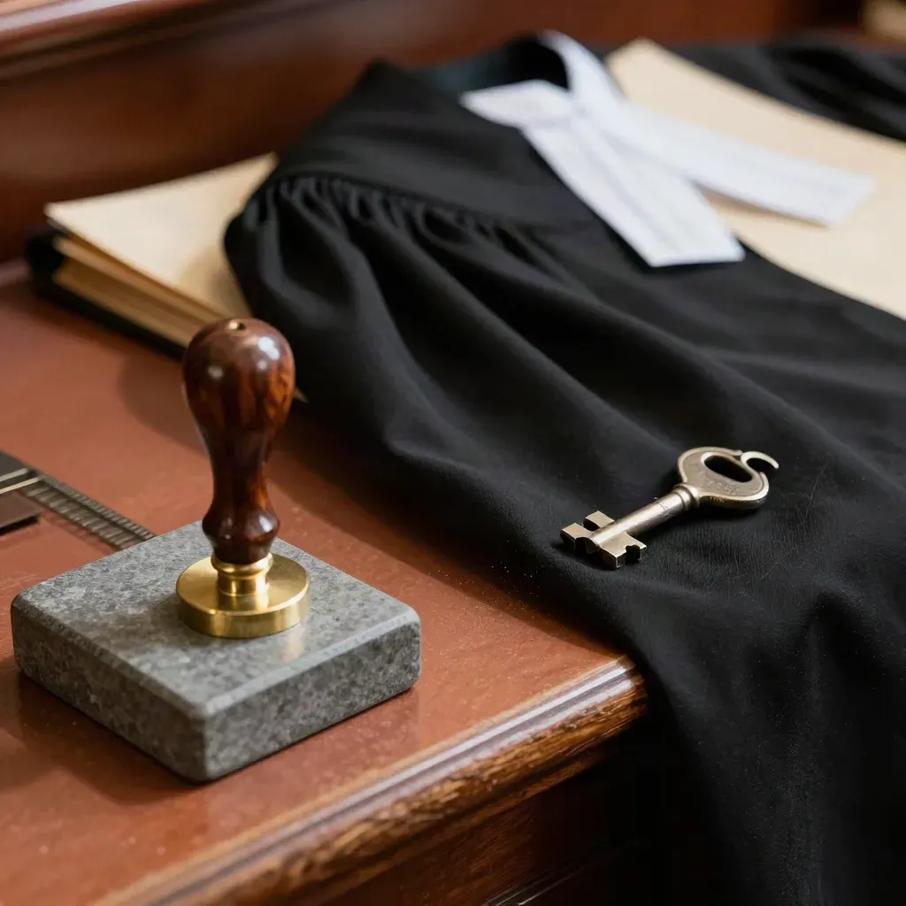 Drappo nero da toga, timbro legale e fermacarte in pietra su una mensola d’ufficio