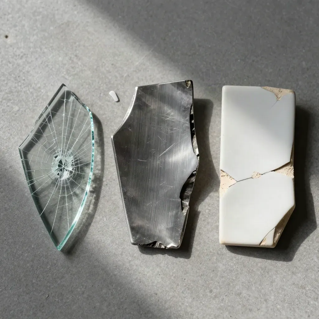 Tre frammenti di prova danni: vetro incrinato, metallo ammaccato e ceramica lesionata su pietra.