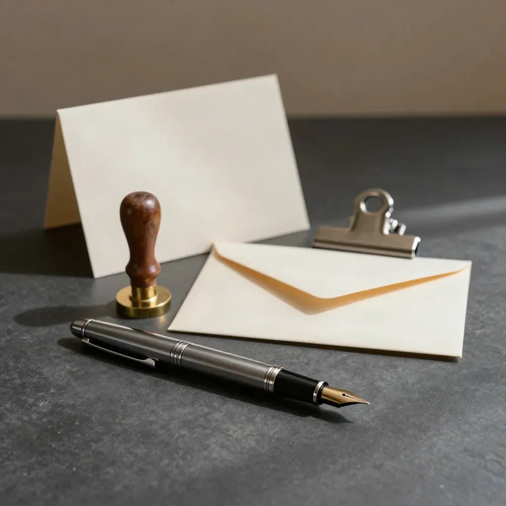 Penna stilografica, sigillo e busta chiusa su piano grafite, in luce morbida.