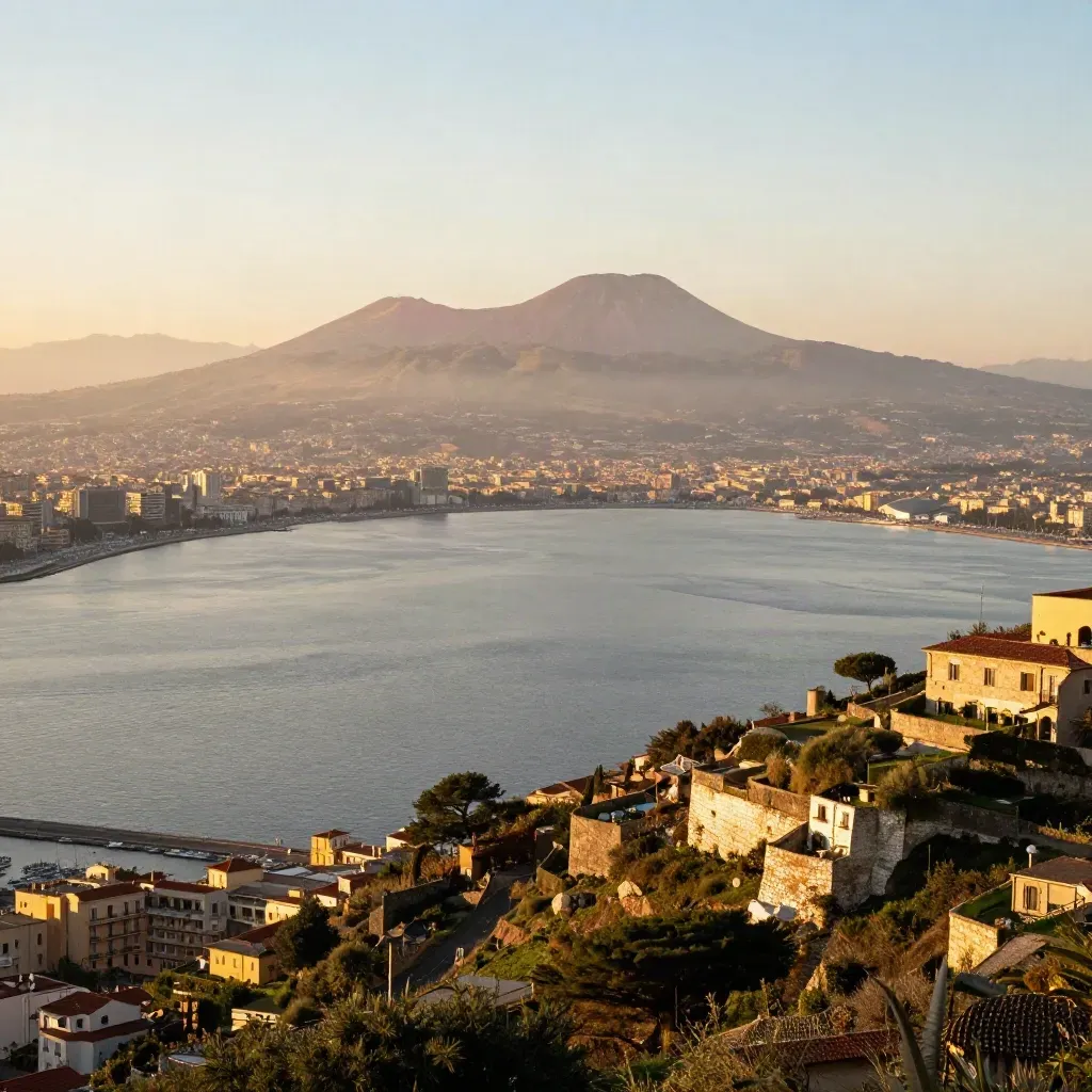 Panorama del Golfo di Napoli con il Vesuvio all’alba e il porto sottile nella foschia