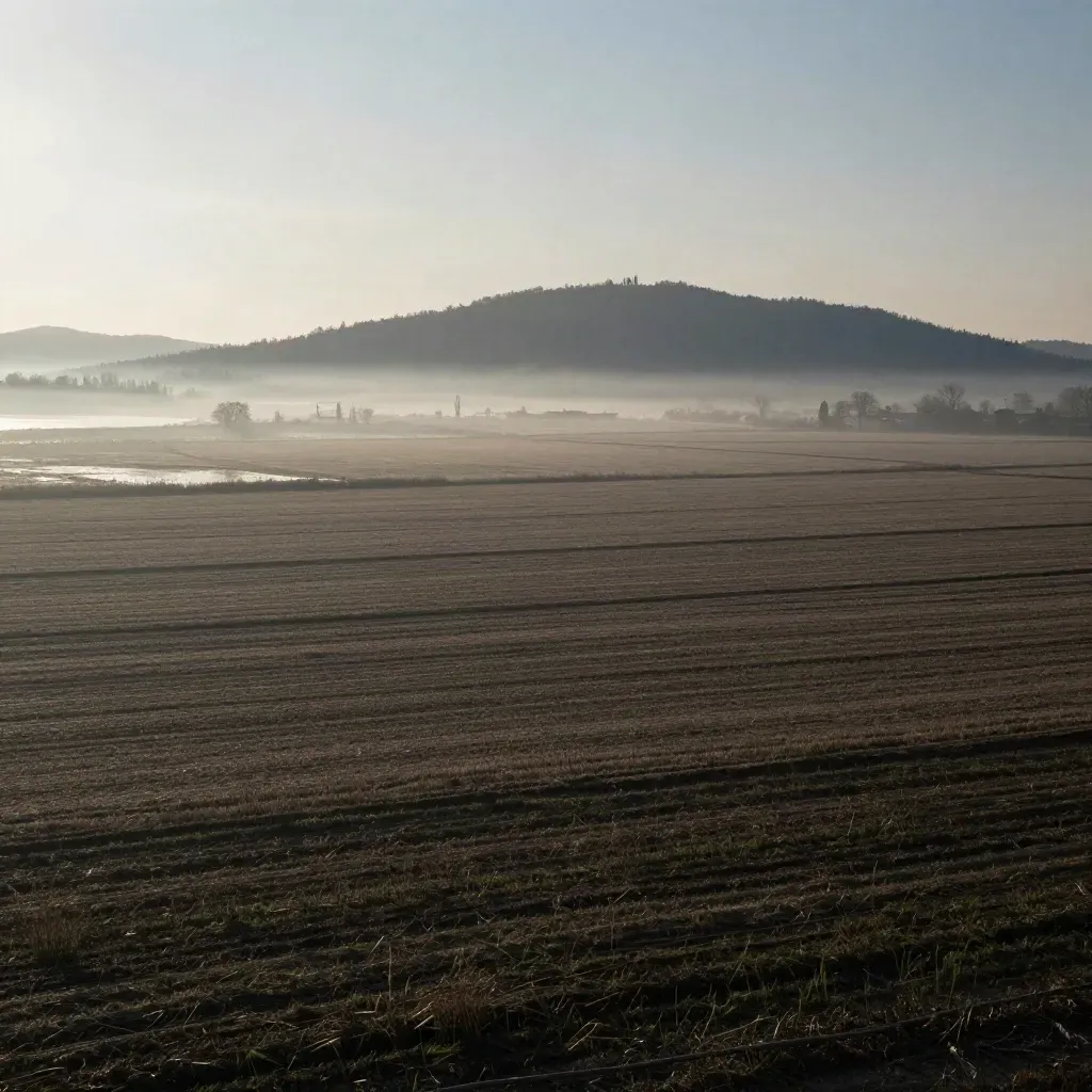 Panorama velato della Lombardia con Milano lontana e riflesso d’acqua pallido a sinistra