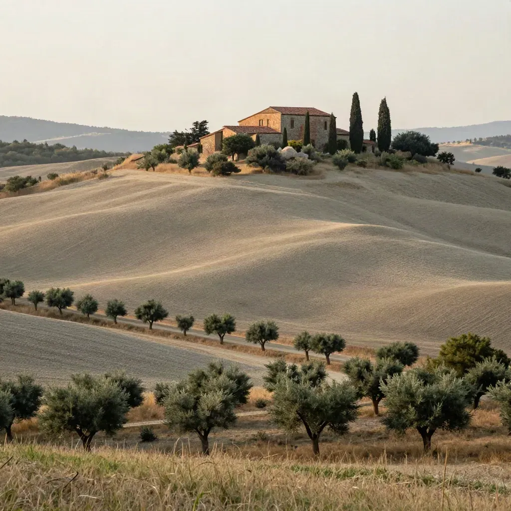 Colline toscane con cipressi e casa colonica, luce dorata e foschia estiva.